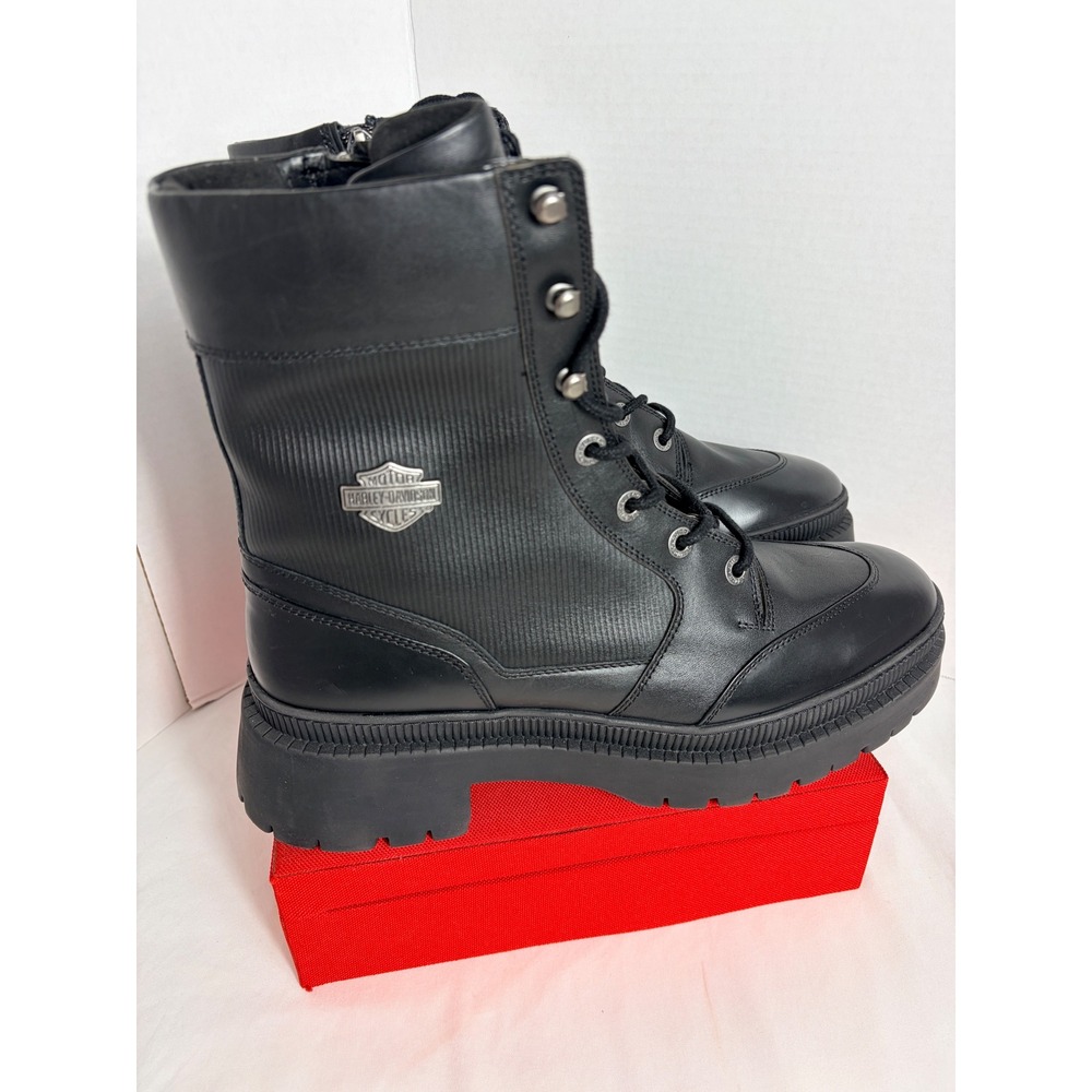 Harley Davidson Mens Boots Black 10M D65001 Leather Combat Lug Sole Biker New - Picture 10 of 15